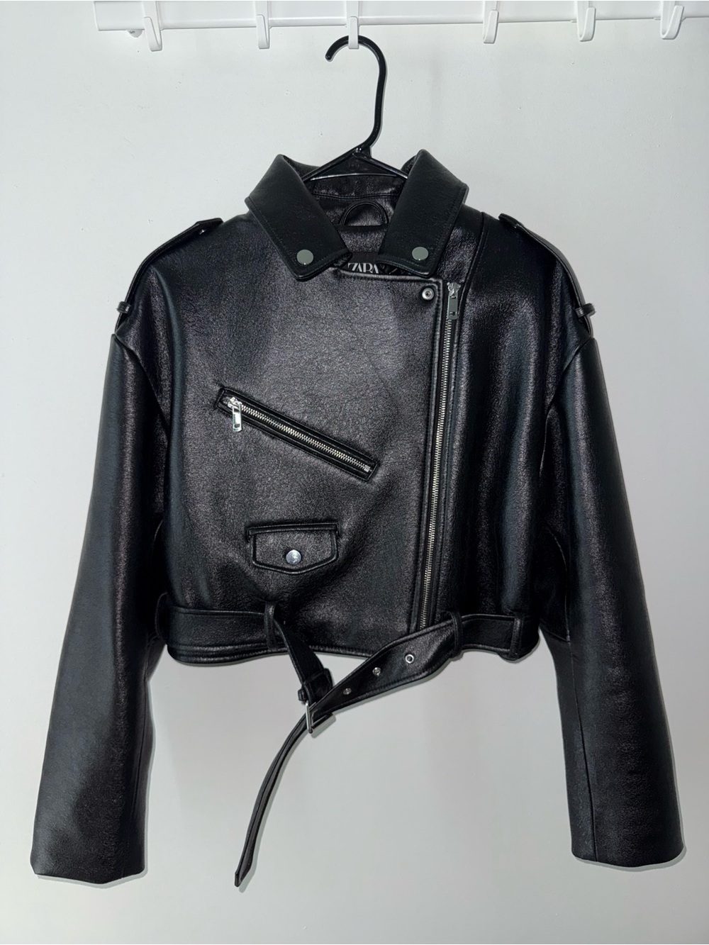 Zara Black Cropped Faux Leather Biker Jacket